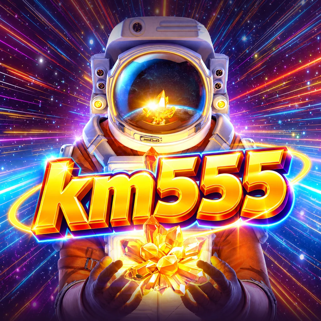 km555 Galactic Gems astronot memegang kristal emas bercahaya di luar angkasa